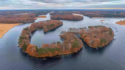 Fototapeta premium Serene autumn landscape overlooking river islands aerial view nature photography tranquil environment fall colors