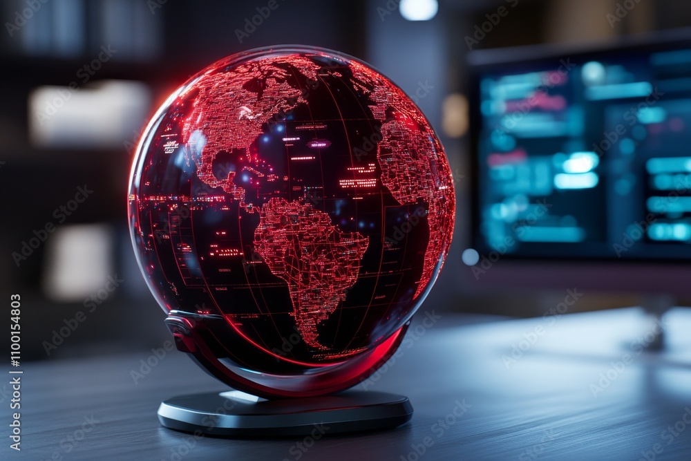 Poster A futuristic globe with holographic projections showing its axis and real-time data streaming in a dark high-tech room