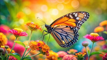 Obraz premium Vibrant Monarch butterfly sipping nectar from a summer flower, captured in a stunning double exposure that highlights natureâ€™s beauty and intricate patterns.