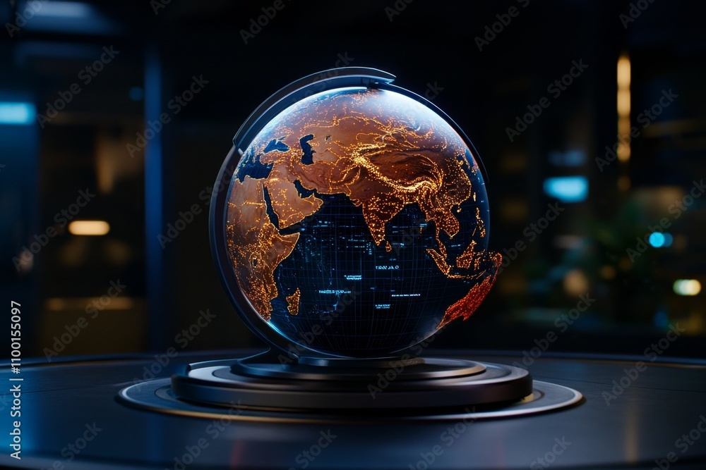 Poster A futuristic globe with holographic projections showing its axis and real-time data streaming in a dark high-tech room