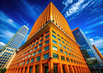 Naklejka premium Vibrant orange structure contrasting against a bright blue sky, showcasing architectural brilliance in an urban setting, creating a stunning visual interaction between nature and design.