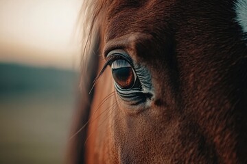 A close up of a horse's eye with a blurry background