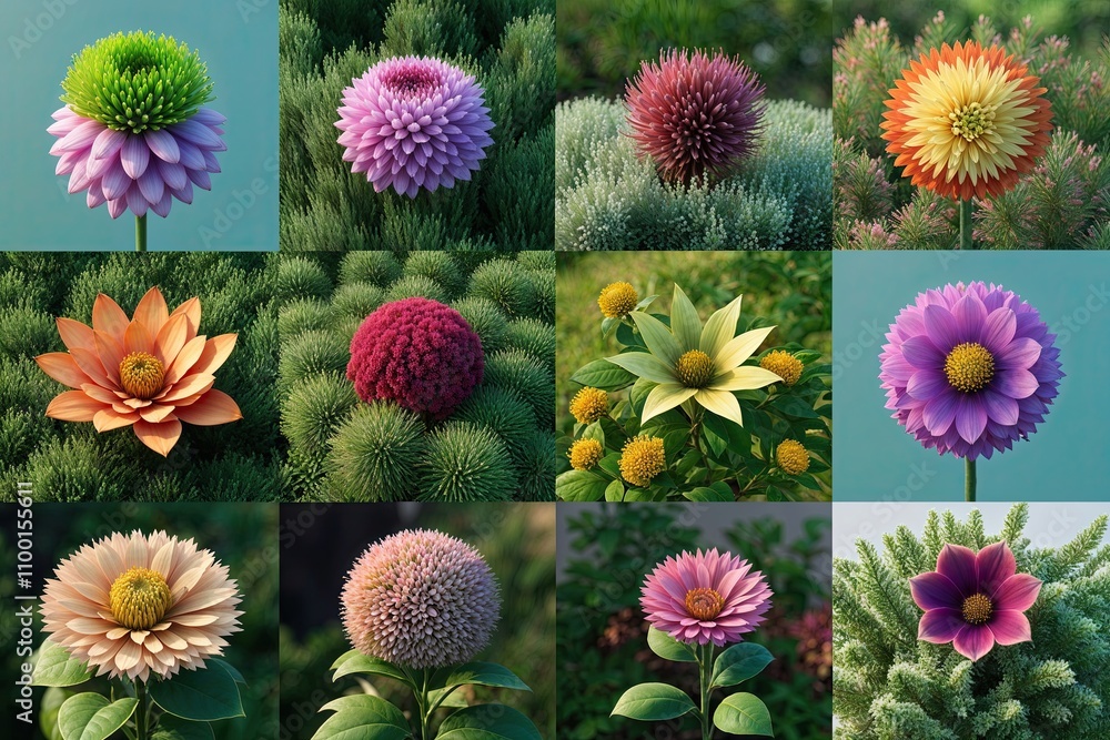 Aufkleber set of flowers and shrubs in 3d rendering for nature and ecology visualization