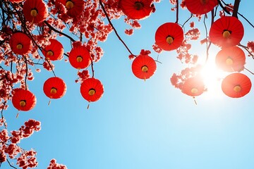 Bright red lanterns hang among pink blossoms under a clear blue sky, symbolizing celebration.