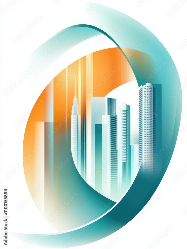 Poster futuristic urban skyline in abstract design with dynamic curves and gradient colors