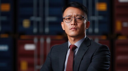 Fototapeta premium Supply Chain, Security, Risks. Confident professional in a suit with glasses against a blurred background.