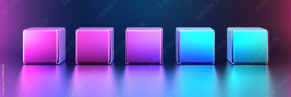 Poster illuminated cubes displaying gradient hues on reflective surface