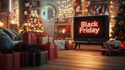 Cozy Christmas-themed living room with gifts and a Black Friday sign on TV.