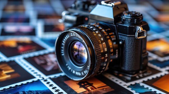 A classic vintage camera with a large lens rests gracefully on top of an array of printed photographs, capturing a moment in the art of photography