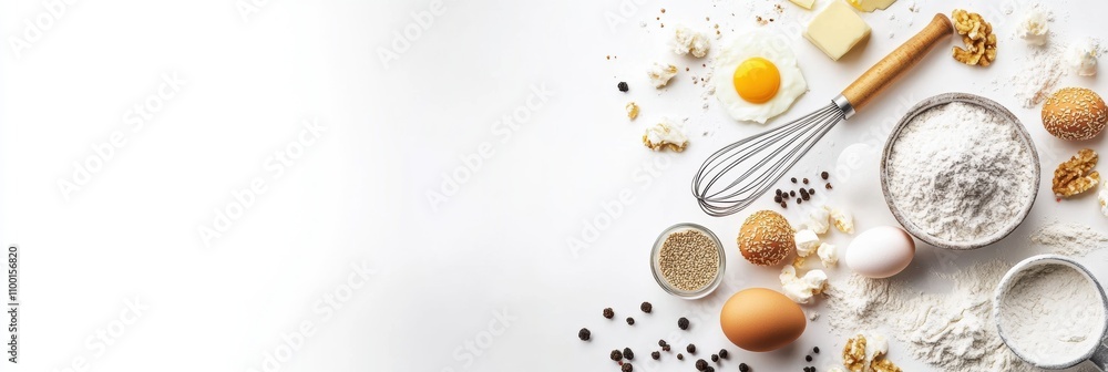 Poster Baking items like flour, eggs, and butter are neatly arranged with a whisk, providing a clean space for recipe ideas and notes. Generative AI