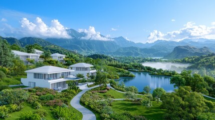 Fototapeta premium A sustainable eco-resort with green roofs and water features, set in a foggy environment, designed to be eco-friendly.