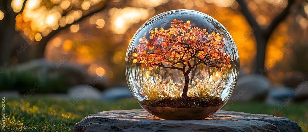 Poster Enchanted Glass Sphere with Vibrant Autumn Tree Surrounded by Natural Elements and Soft Backlight in an Outdoor Garden Setting