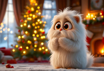a cute, adorable baby abominable snowman holiday creature character, with fluffy fur and a playful smile, brings festive joy and charm to any holiday scene with its lovable appearance