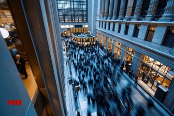 A busy city street with a large crowd of people walking around