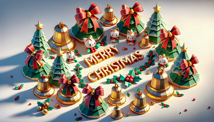 a festive Christmas card scene features red and white ribbons, bells, and decorations, with a “Merry Christmas” message in elegant, fancy text, evoking warmth, cheer, and holiday spirit