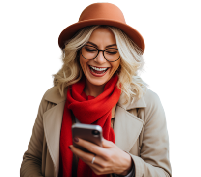 Smiling Happy Woman in Hat, Coat, and Red Scarf Texting via SMS, Receives Good News, Happy Communication, Isolated on Transparent Background.