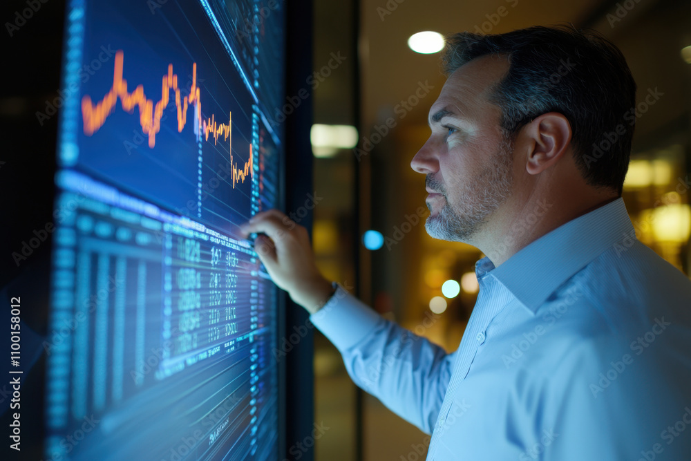 Poster a man is looking at a computer screen with a graph on it