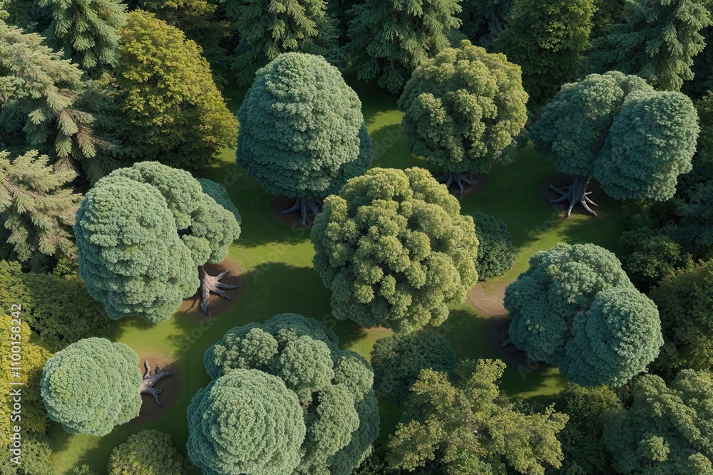 Poster aerial view of three-dimensional indigenous forest trees in digital art for nature compendium
