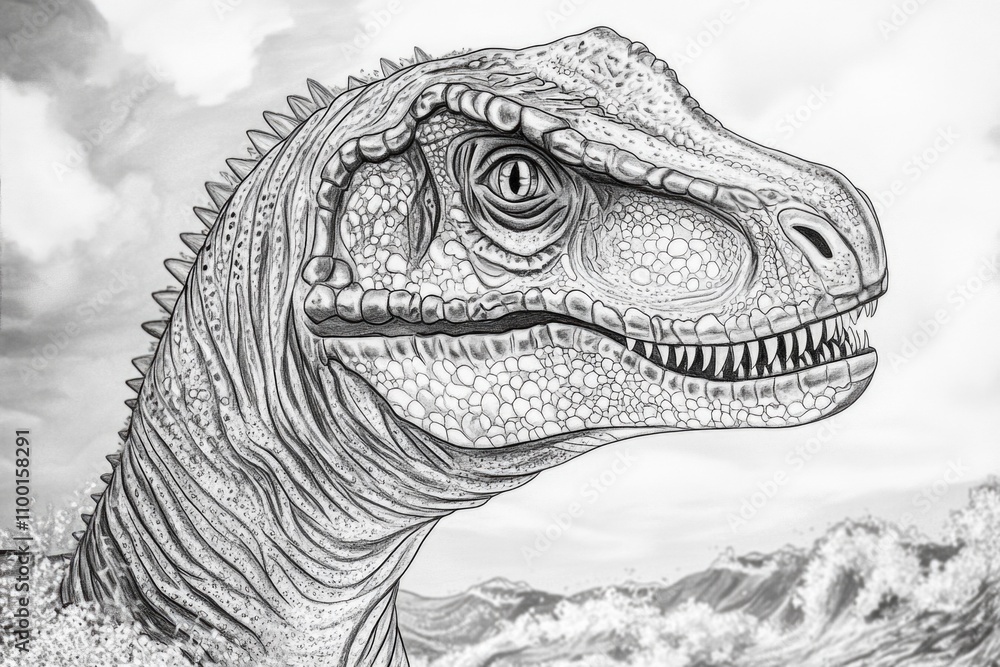 Poster a prehistoric t-rex standing on a mountainous terrain, perfect for use as a design element or illust