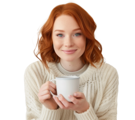 Smiling Redhead Woman in Beige Sweater Holding Mug, Cup with Coffee or Tea, Relaxed Hygge Lifestyle Moment on Transparent Background.