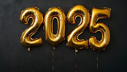  3D &ldquo;2025&rdquo; Text Made from Gold Balloons, Isolated on a Black Background, Minimalist Style, Graphic Design Poster Art