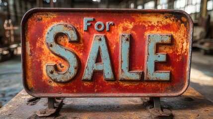 Vintage rusted For Sale sign with weathered red and blue paint, symbolizing industrial history and retro charm in an aged urban setting
