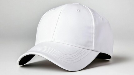 Fototapeta premium A photostock of a clean white baseball cap displayed against a white background, ideal for sports or casual apparel designs. High Quality