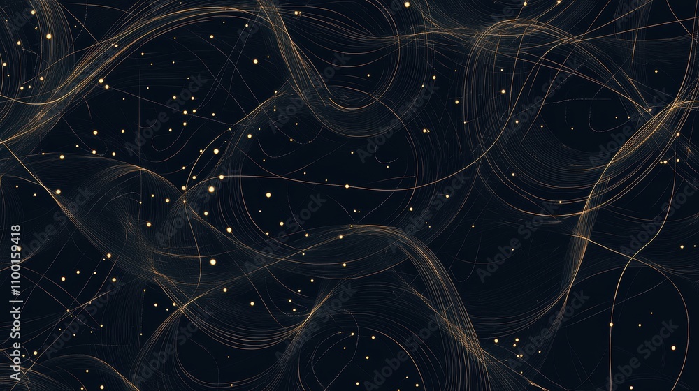 Poster A dark, abstract background filled with flowing lines and scattered points, resembling stars or particles in a cosmic setting.