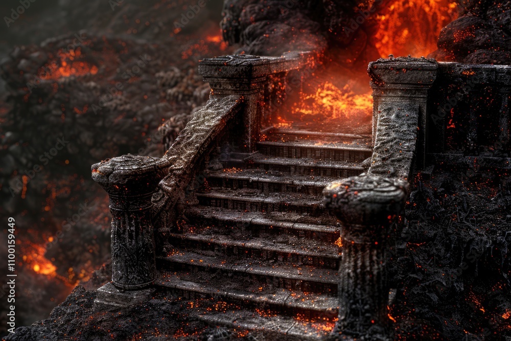 Poster a staircase with flames licking at the steps, ideal for use in scenes of danger, rescue or apocalypt