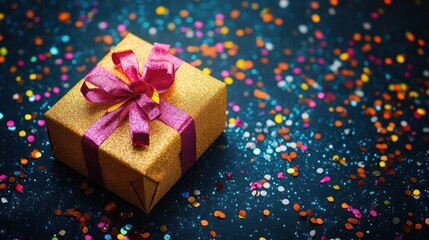 Obraz premium Golden gift box with pink ribbon amidst confetti splash.