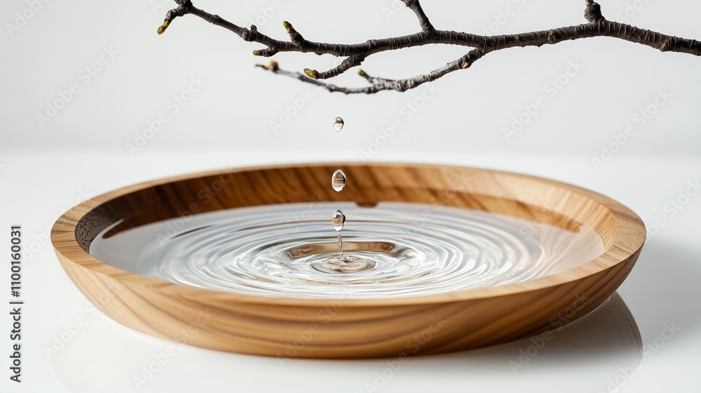 Poster a drop of water falls from a branch in a plate, creating ripples.