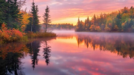 Fototapeta premium Soft pink and orange light reflecting off a still lake in the early morning hours