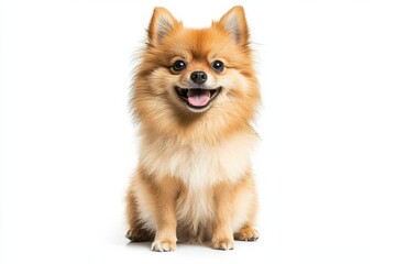 Obraz premium Pomeranian dog sitting and smiling on white background, isolate,