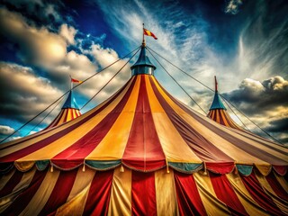 Vivid macro photography of a retro red-and-white circus tent, evoking nostalgic carnival vibes with fun fair aesthetics and whimsical outdoor charm at a festive event.