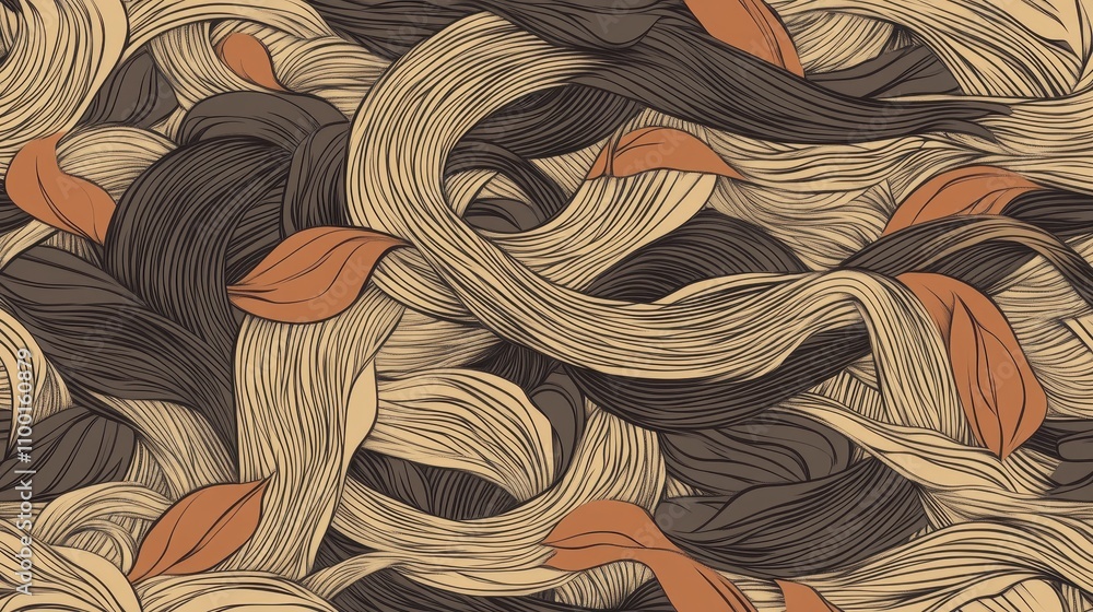 Poster A swirling pattern of textured strands and leaves in earthy tones, creating a harmonious blend of nature and abstract design.