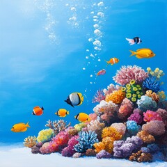 Obraz premium A bustling underwater coral reef, alive with vivid fish, brilliant corals, and sunlight streaming through the water, highlights the splendor of marine life.