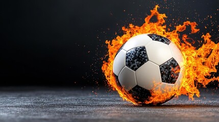 Naklejka premium A photostock of a fiery soccer ball engulfed in orange flames, captured in motion on a black background, dynamic and energetic. High Quality