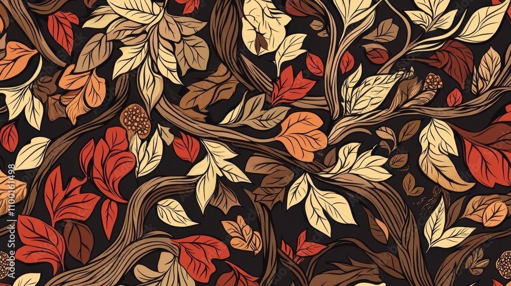 Poster a decorative pattern featuring intertwined branches and leaves in autumn colors against a dark backg