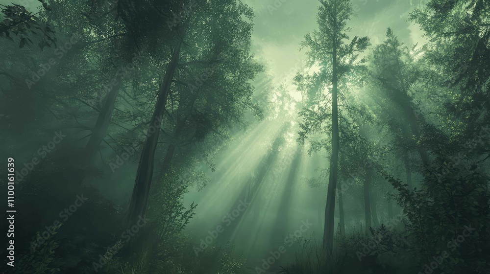 Poster soft sunlight filtering through dense morning fog in a forest, illuminating hazy beams between tall 