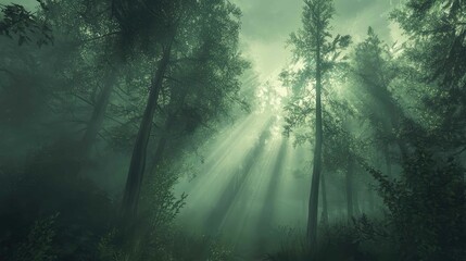 Naklejka premium Soft sunlight filtering through dense morning fog in a forest, illuminating hazy beams between tall trees