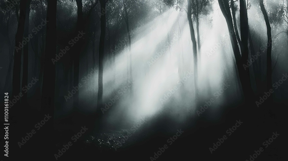 Aufkleber soft sunlight filtering through dense morning fog in a forest, illuminating hazy beams between tall 