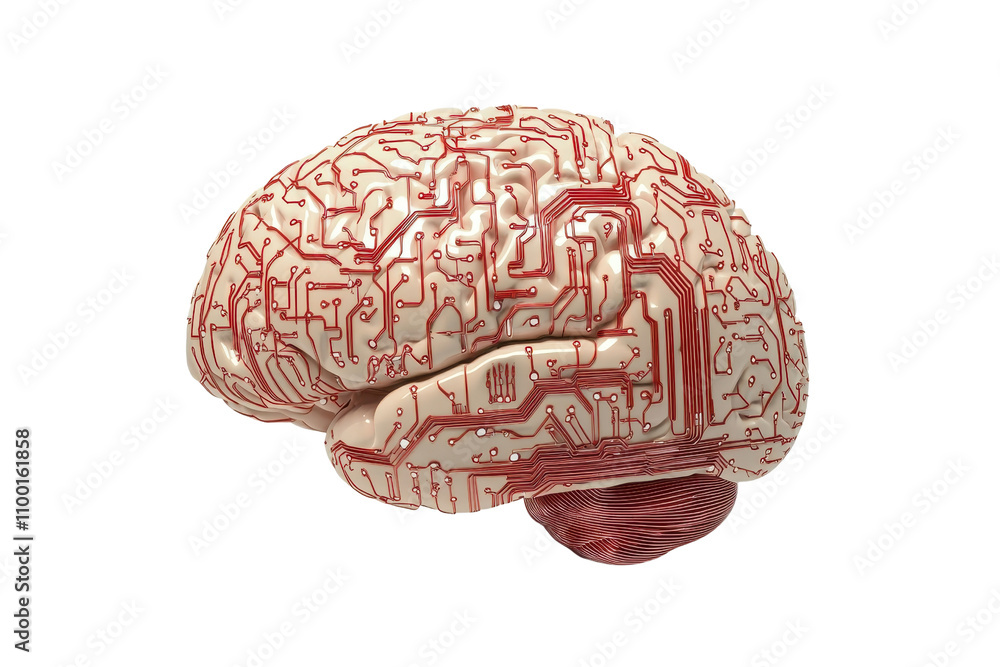 Poster a detailed depiction of a brain with intricate red and white circuitry patterns.