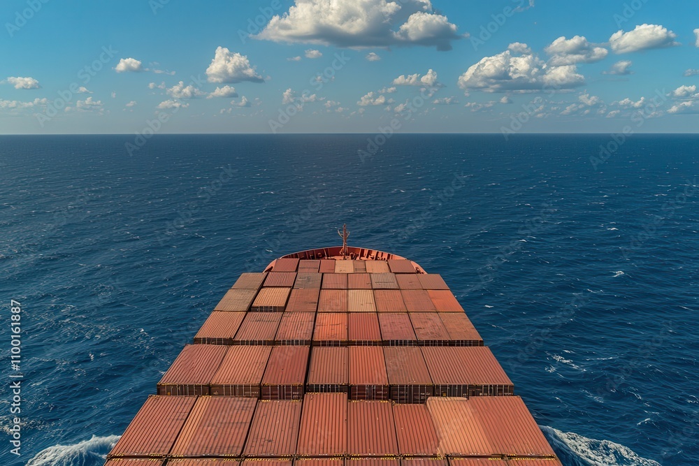 Poster a cargo ship navigates a vast ocean under a clear sky, showcasing its stacked containers against the
