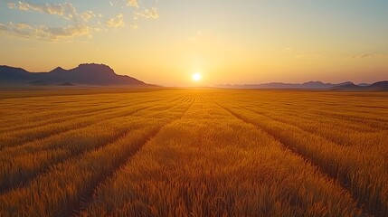 Obraz premium Serene Sunset Over Expansive Wheat Field with Silhouetted Mountains on the Horizon Under a Clear Sky and Soft Clouds