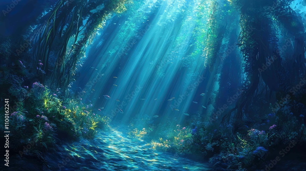 Poster soft sunlight filtering through kelp, casting shadows and light beams that create a mystical underwa
