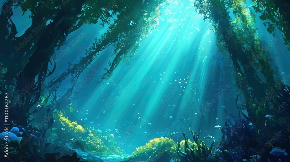 Poster soft sunlight filtering through kelp, casting shadows and light beams that create a mystical underwa