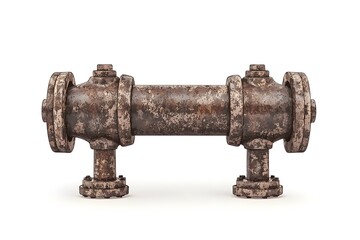 Rusty Industrial Pipe Fitting with Threaded Flanges and Weathered Surface Texture on White Background