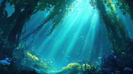 Obraz premium Soft sunlight filtering through kelp, casting shadows and light beams that create a mystical underwater forest atmosphere
