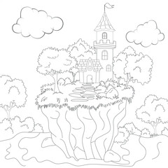 Fototapeta premium Vector coloring page, fantasy castle flies in the clouds