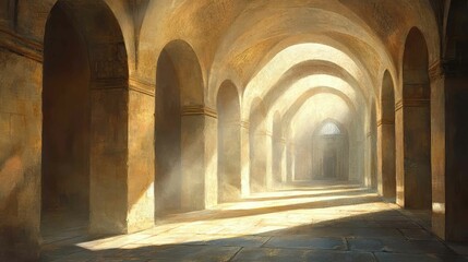 Fototapeta premium Soft sunlight filtering through stone arches in an ancient temple, casting long shadows on the floor